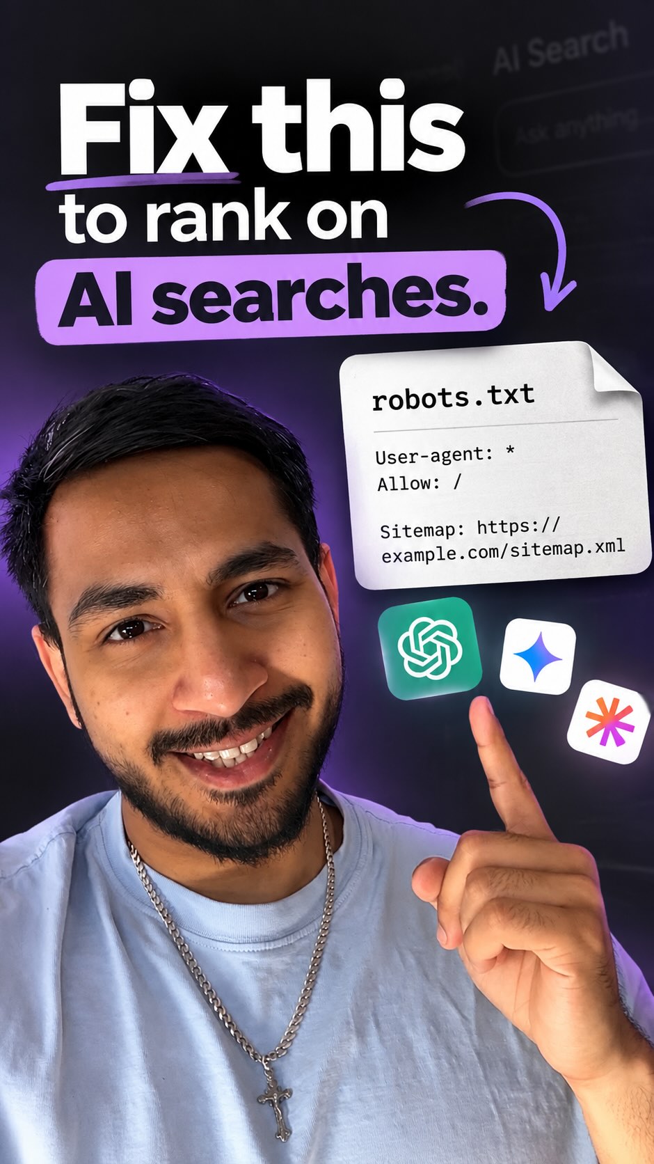 Is robots.txt blocking your website from AI search? Type yourdomain.com/robots.txt and check in 10 seconds.

If it blocks OAI-SearchBot, your site can’t appear in ChatGPT search answers. GPTBot is a different bot, used for training. Check ClaudeBot, Claude-SearchBot and PerplexityBot too.

DM me if your site is blocked and you’re not sure why.

#techsober #techsoberai #robotstxt #aiseo #chatgpt
